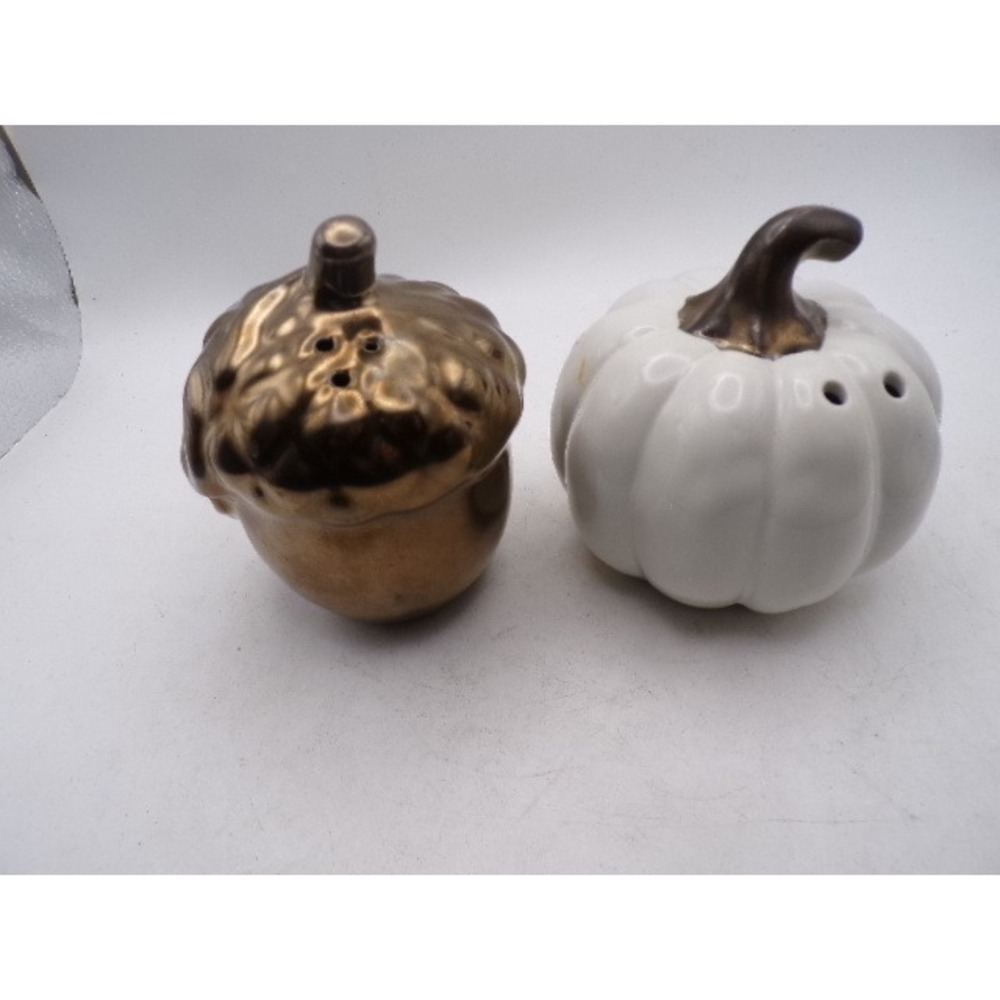 Fall Pumpkin and Acorn Salt and Pepper Shaker Set White Bronze Ceramic Harvest